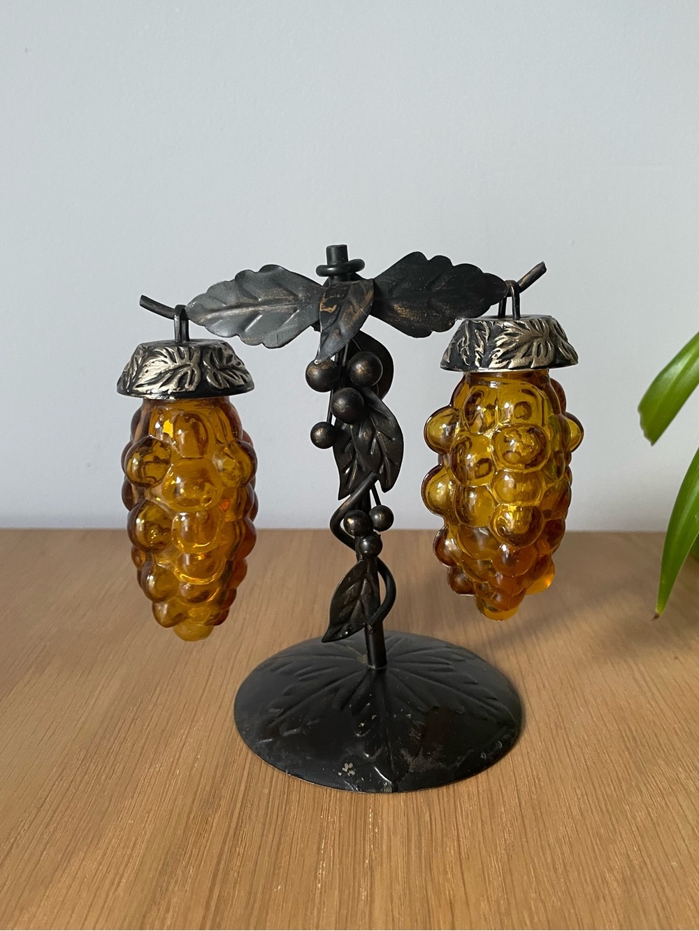 Vintage Amber Glass Grapes Salt and Pepper Shakers Set on Stand